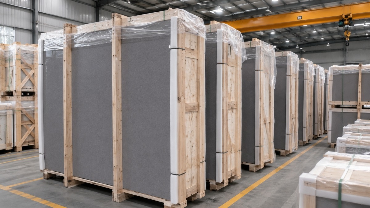 grey-artificial-marble-sheets-export-packing Grey artificial marble sheets packed for export supply