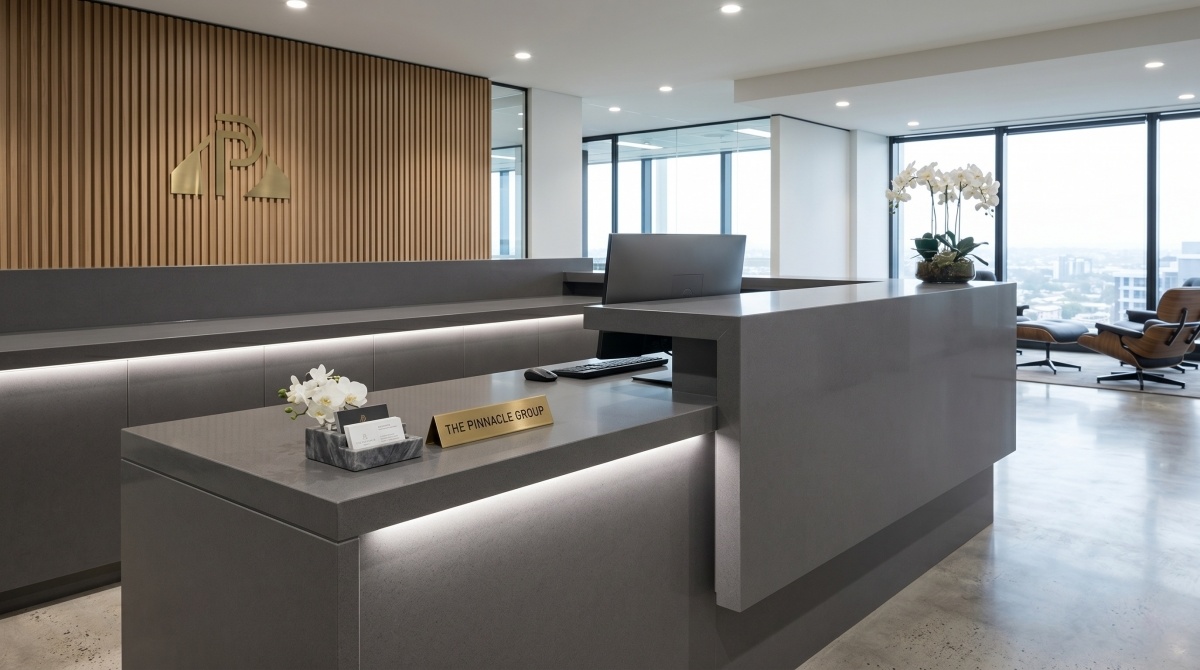 Engineered marble stone with low variation grey texture reception countertop Engineered marble stone with low variation grey texture reception countertop