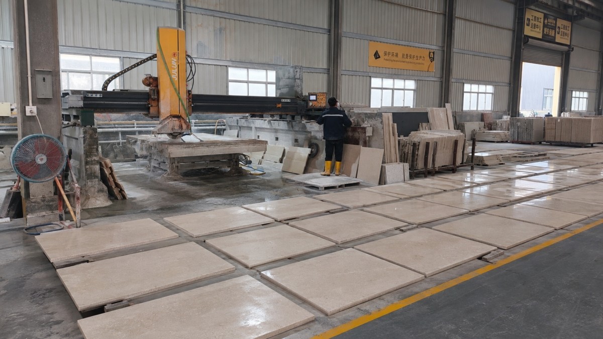 cut-to-size-stone-flooring-project-preparation Cut-to-size stone flooring pieces prepared in a factory for a commercial project