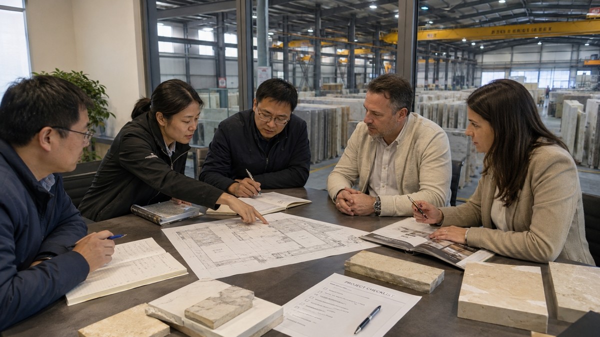 stone-flooring-project-coordination-meeting Stone flooring project coordination meeting with material samples and layout drawings