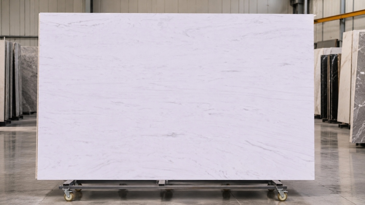 Carrara style white artificial marble slab with soft grey veining Carrara style white artificial marble slab with soft grey veining