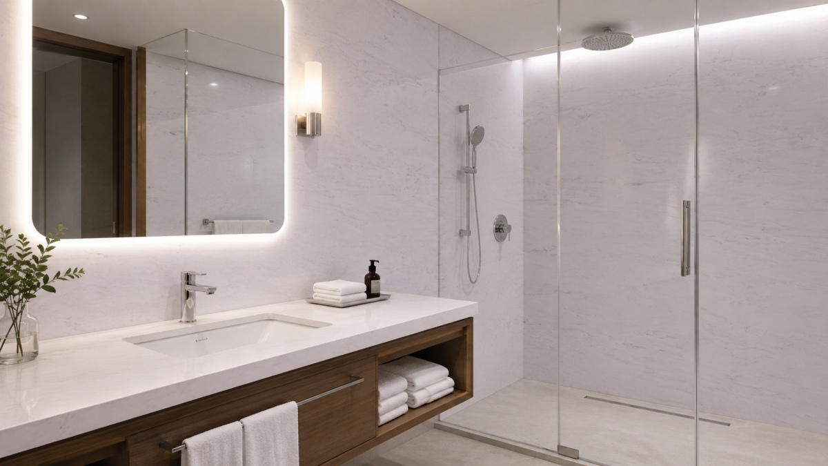 white-artificial-marble-vanity-top-carrara-style White artificial marble vanity top with Carrara style grey veins