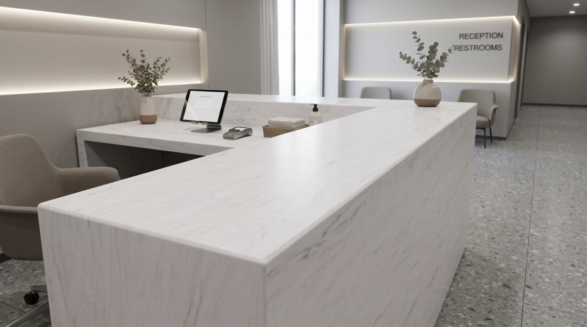 carrara-style-artificial-marble-reception-counter Carrara style artificial marble reception counter surface