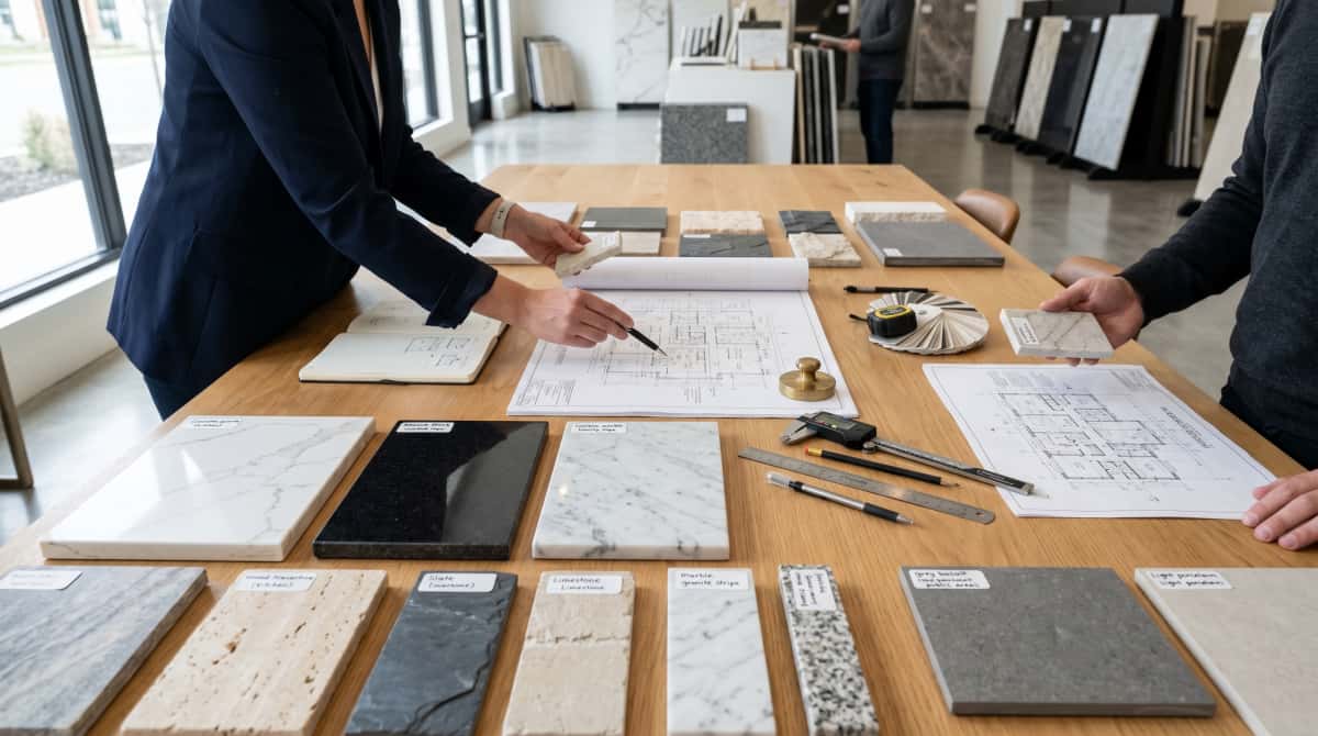 residential-stone-project-material-review Residential stone project material review with kitchen vanity and bathroom samples