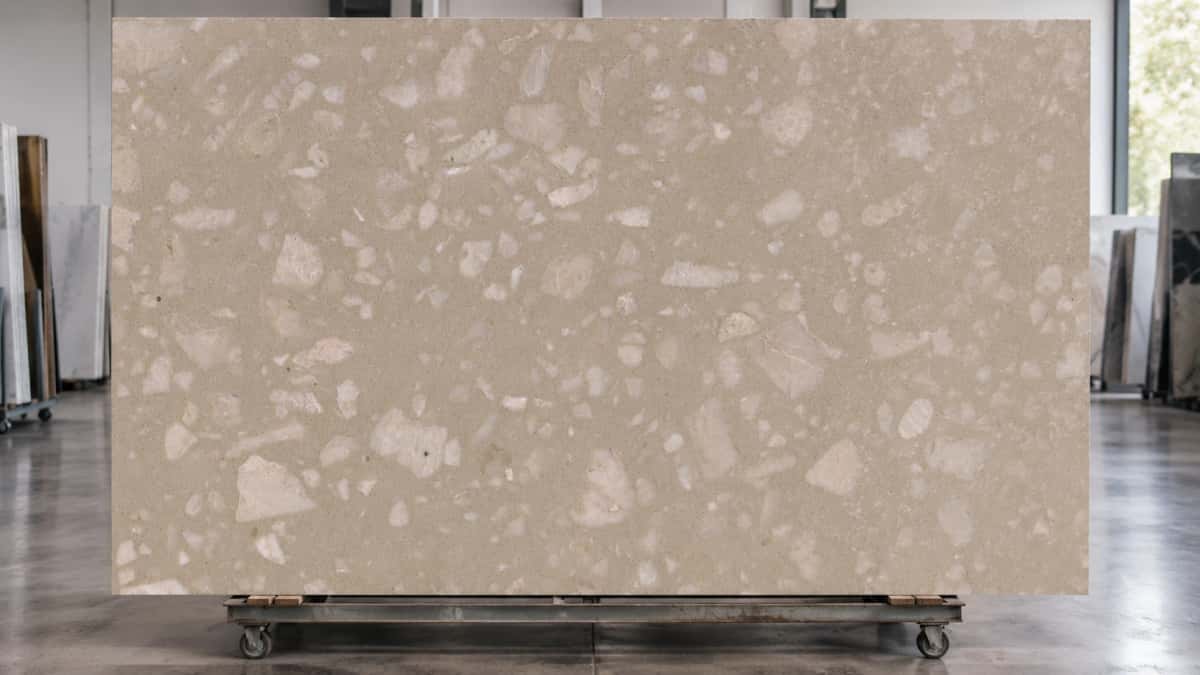 classic-beige-agglomerated-marble-slab Classic Beige agglomerated marble slab with warm beige base and cream aggregate fragments