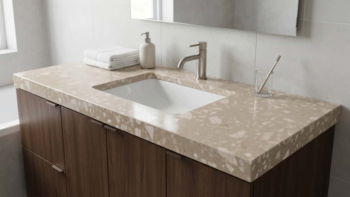 beige-agglomerated-marble-vanity-top Beige agglomerated marble vanity top material with polished surface