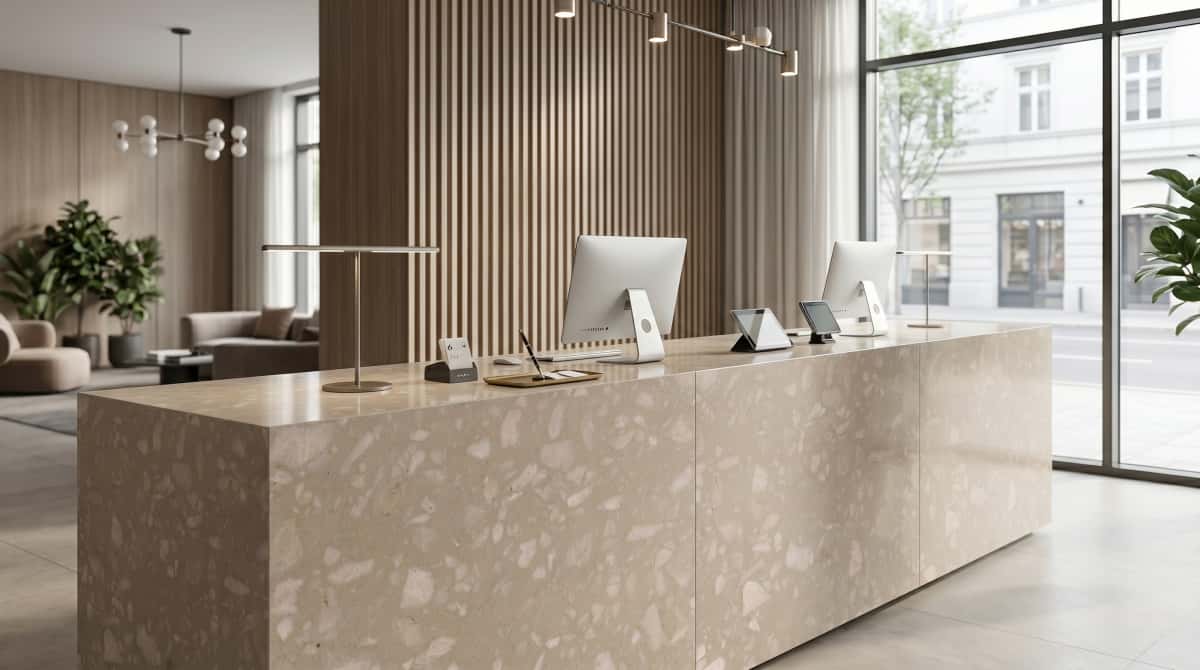 Classic Beige artificial stone reception countertop for commercial interiors Classic Beige artificial stone reception countertop for commercial interiors