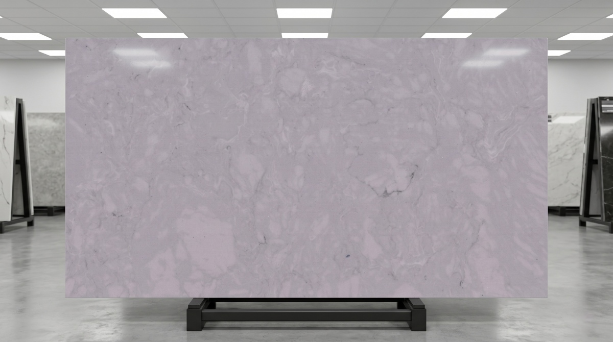 Statuario grey synthetic marble slab with low contrast veining