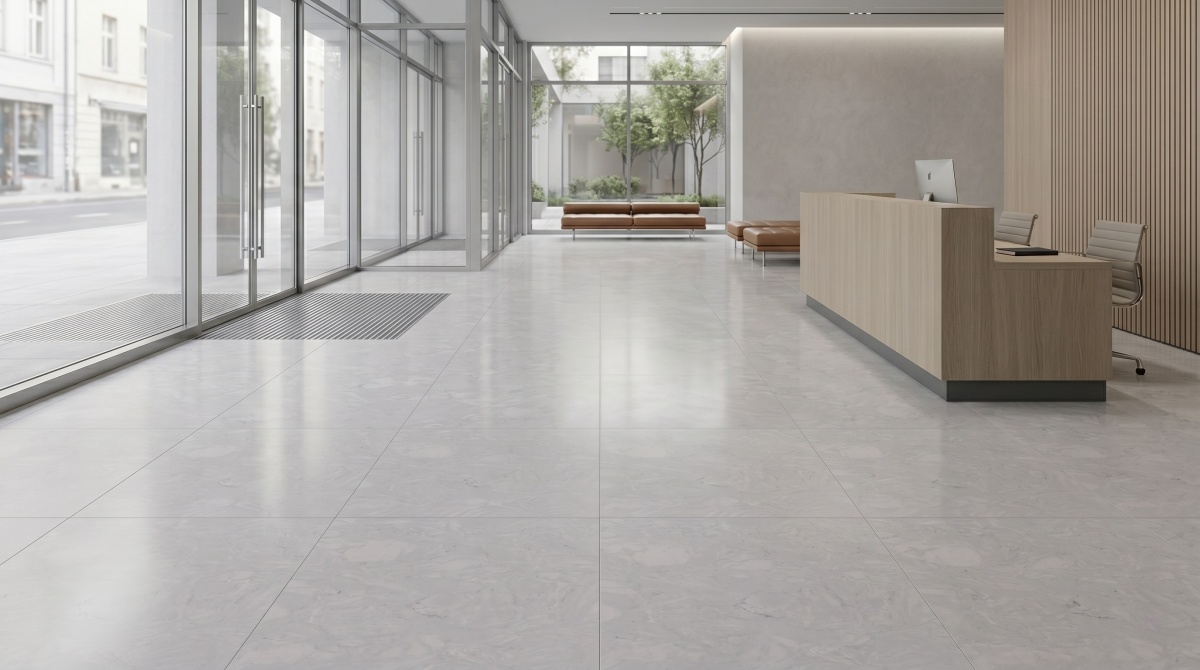 Grey artificial marble flooring for hotel corridor interiors