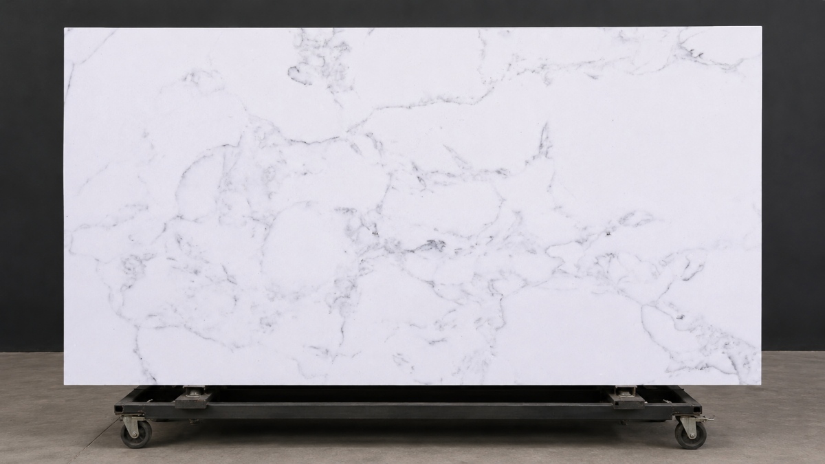 carrara-style-white-artificial-marble-slab Carrara style artificial marble slab with white base and light grey movement