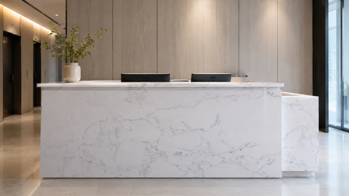 artificial-marble-reception-counter-big-flower-white Artificial marble reception counter using Big Flower White slab