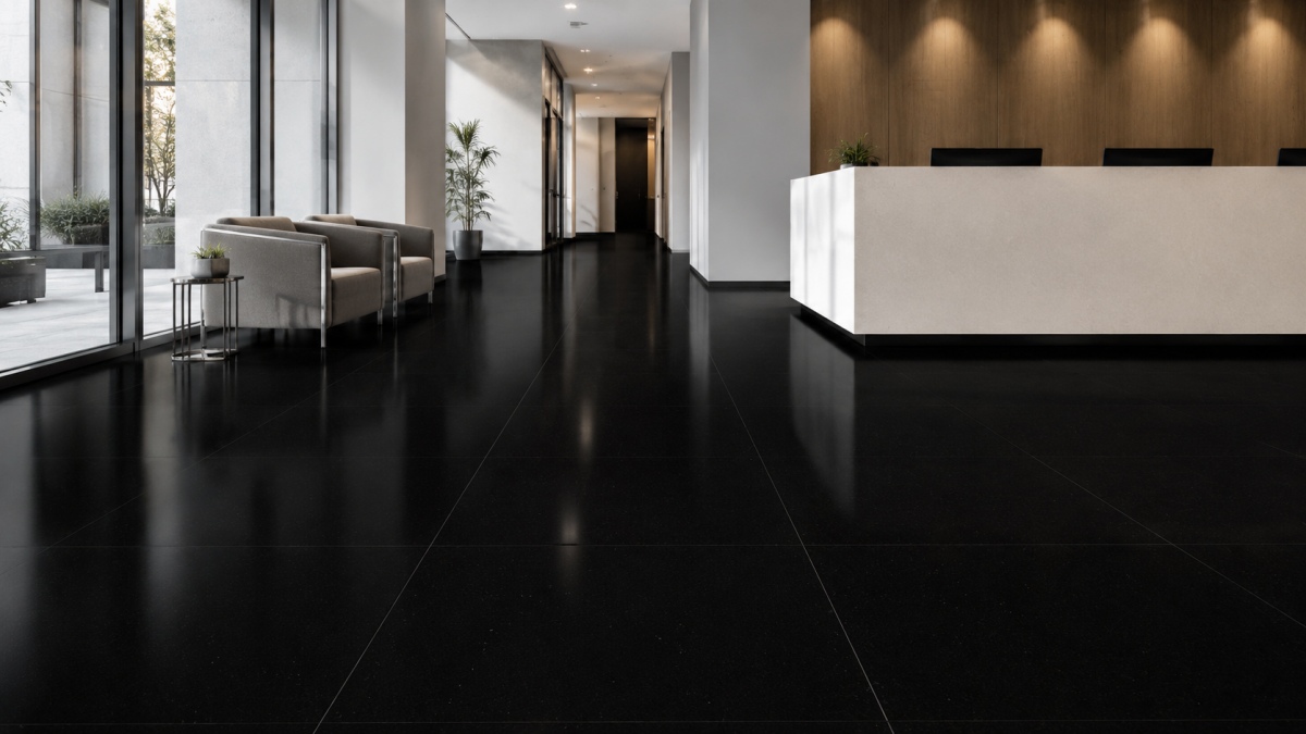 black-artificial-marble-flooring-commercial-interior Black artificial marble flooring used in a clean commercial interior project