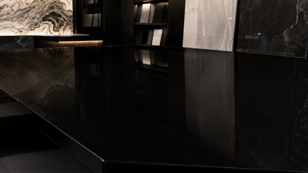 black-artificial-marble-reception-counter Reception counter fabricated with black artificial marble panels and polished edges
