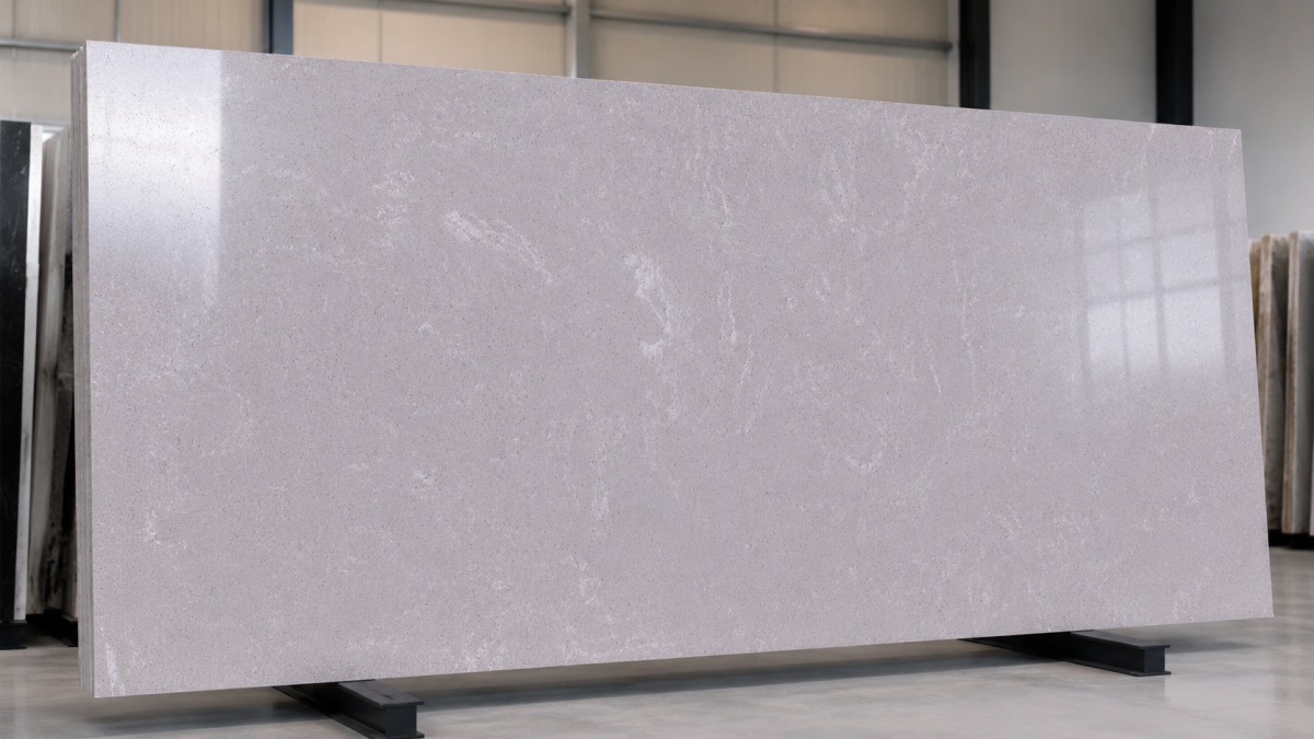 royal-grey-artificial-stone-slab Royal Grey artificial stone slab with soft grey base and subtle cloudy texture