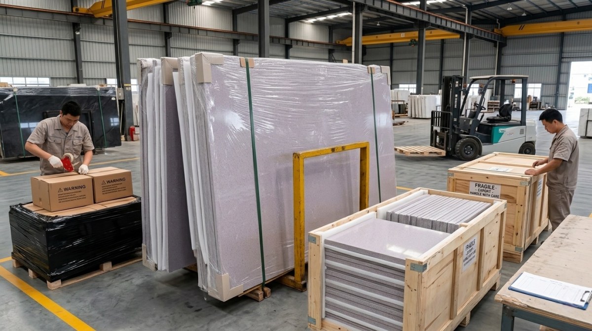 export-packed-royal-grey-artificial-stone-slabs Export packed Royal Grey artificial stone slabs for international project orders