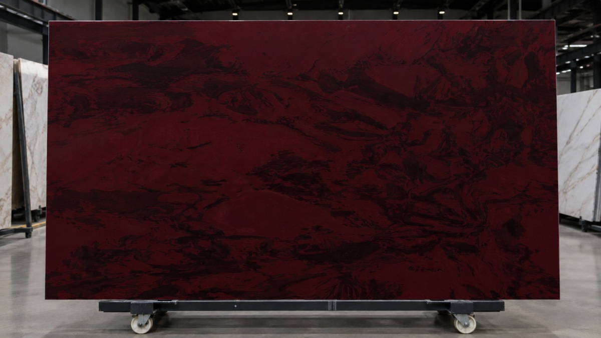 deep-wine-red-artificial-marble-slab-aoli-stone Deep wine red artificial marble slab by Aoli Stone with subtle dark flowing patterns
