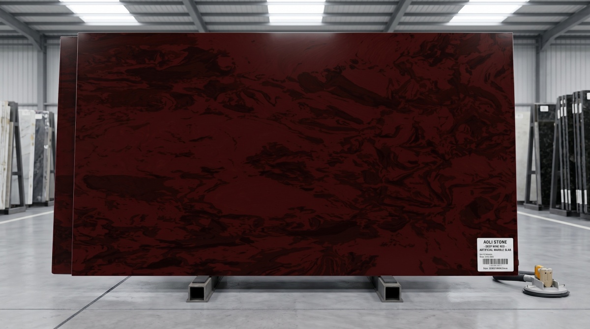 wine-red-artificial-marble-full-slab-display Full slab display of wine red artificial marble for interior decorative projects