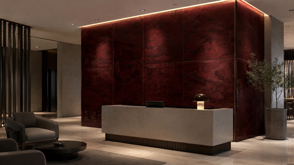 wine-red-artificial-marble-wall-panel-application Wine red artificial marble wall panel application in a commercial interior
