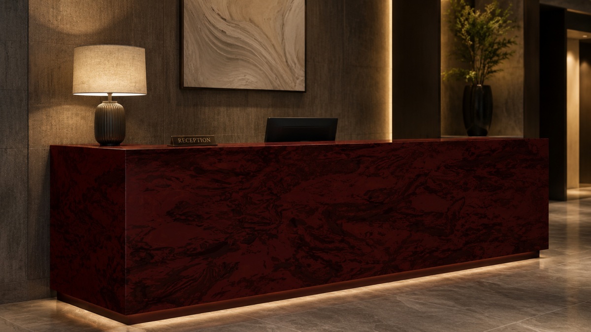 red-artificial-marble-reception-counter Red artificial marble reception counter for hotel and commercial interior design