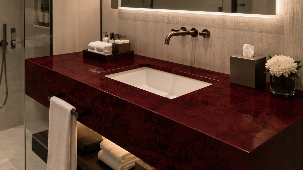 dark-wine-red-marble-vanity-top Dark wine red artificial marble vanity top with controlled decorative surface