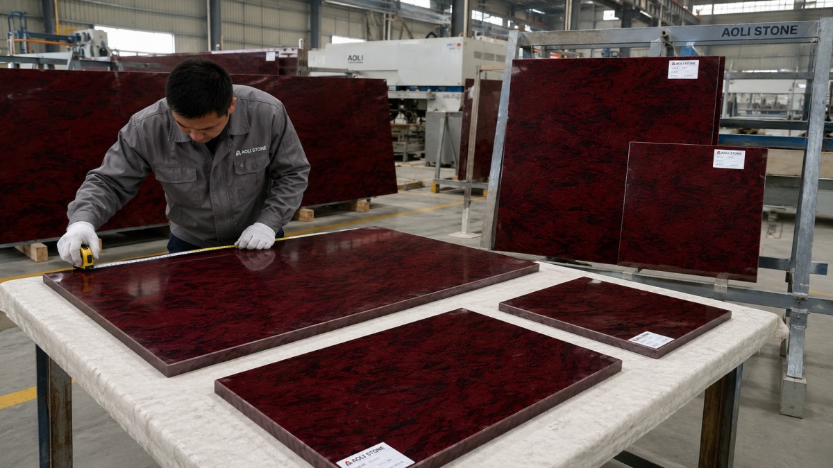 artificial-marble-cut-to-size-red-panels Cut-to-size red artificial marble panels prepared for interior project supply