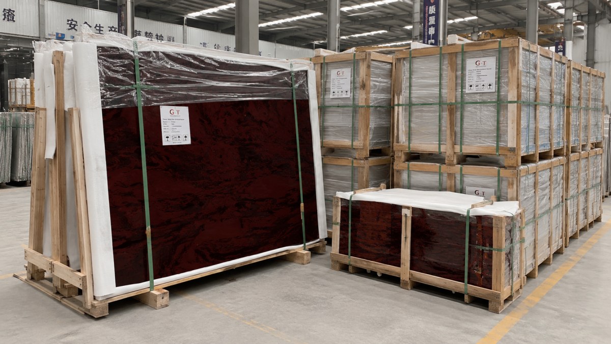 red-artificial-marble-export-packing Export packing for red artificial marble slabs and cut-to-size panels