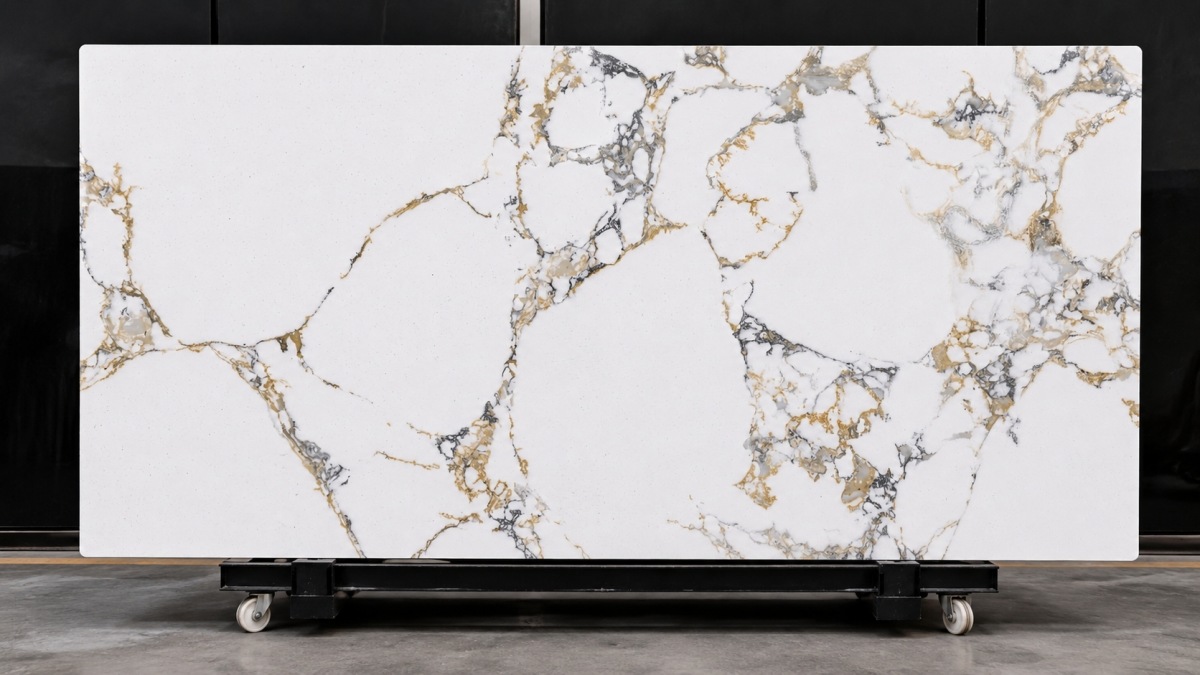 golden-vein-white-artificial-marble-slab Golden Vein White Artificial Marble slab with grey and gold vein movement