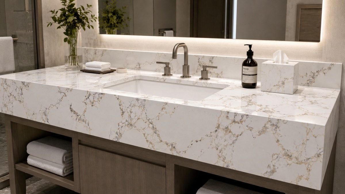 white-artificial-marble-gold-grey-vein-vanity-top White artificial marble with gold and grey vein detail for vanity tops