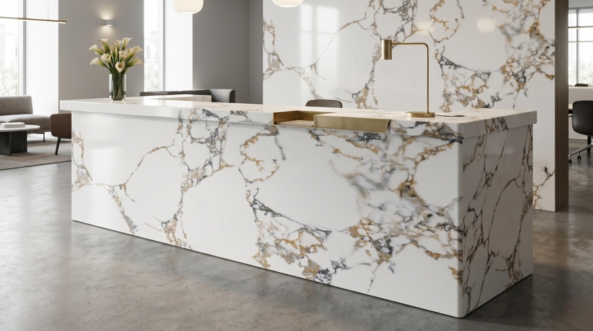 golden-vein-white-artificial-marble-reception-counter Golden Vein White Artificial Marble reception counter application
