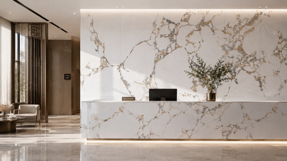 artificial-marble-white-gold-vein-wall-cladding Artificial marble wall cladding panel with white base and gold vein pattern