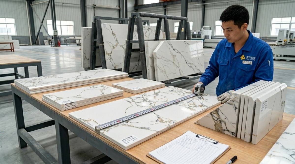 cut-to-size-golden-vein-white-artificial-marble-panels Cut-to-size Golden Vein White Artificial Marble panels in stone factory