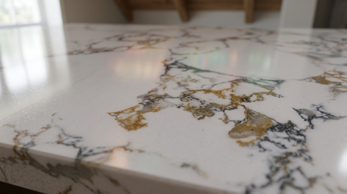 polished-edge-white-gold-artificial-marble-slab Edge detail of polished white gold artificial marble slab