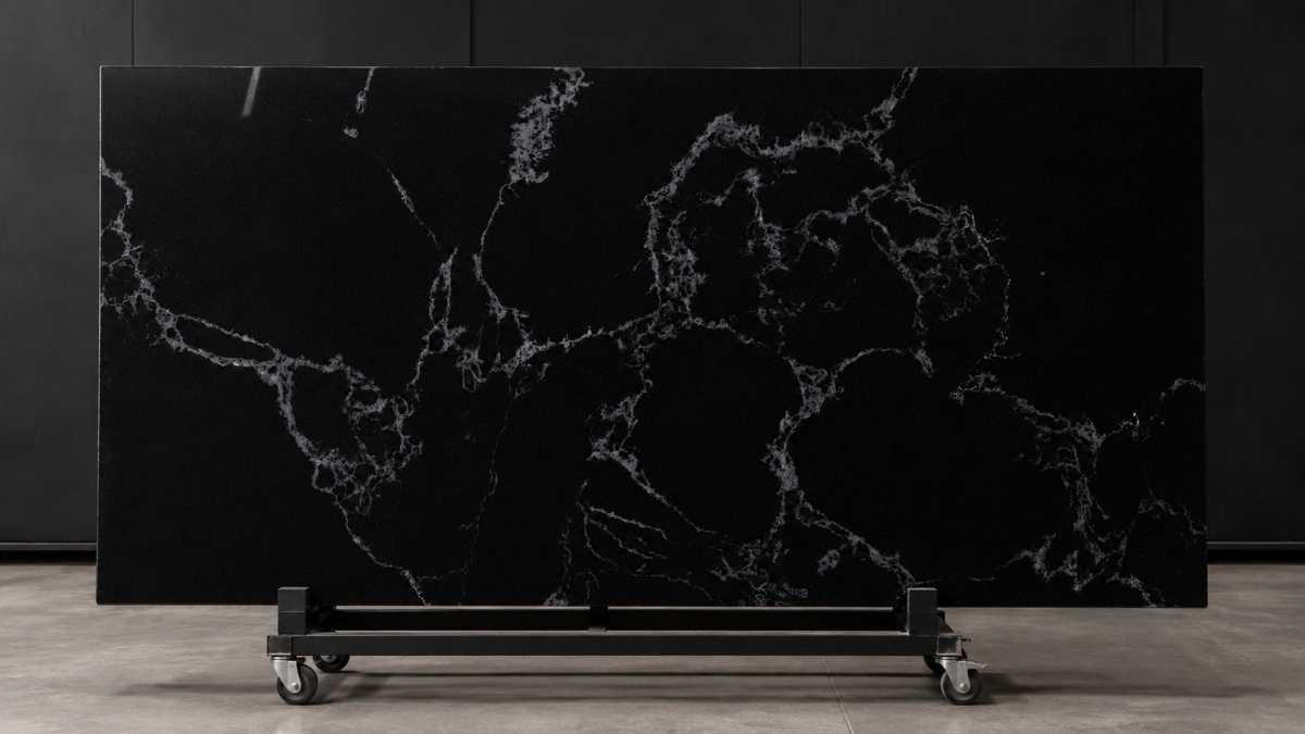 black-artificial-stone-marble-white-veins Black artificial stone marble surface with branching white veins