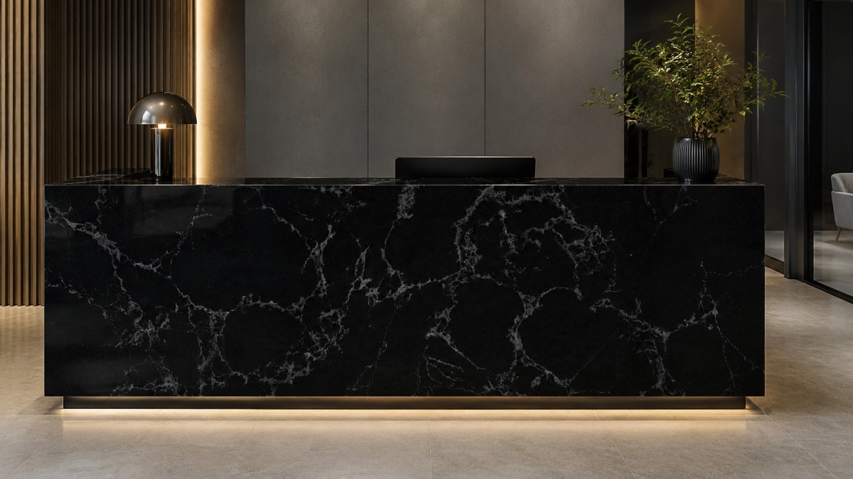 artificial-marble-for-reception-desk-black-vein Artificial marble for reception desk in black vein design