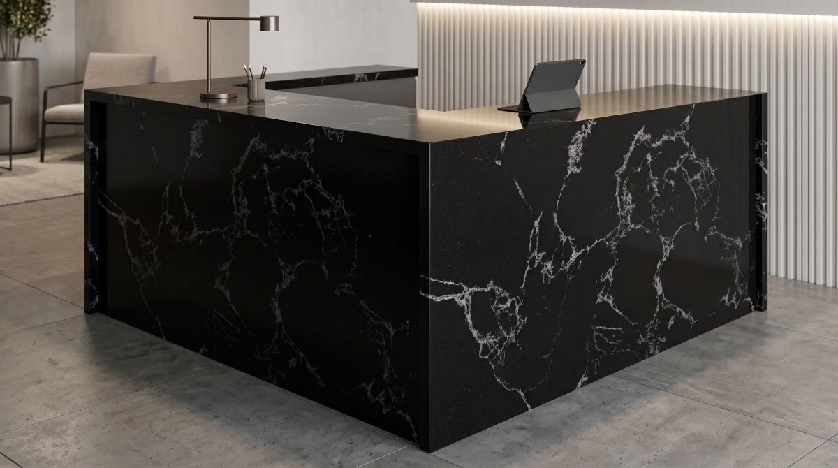 black-artificial-marble-counter-grey-white-veins Black artificial marble counter surface with grey white veins