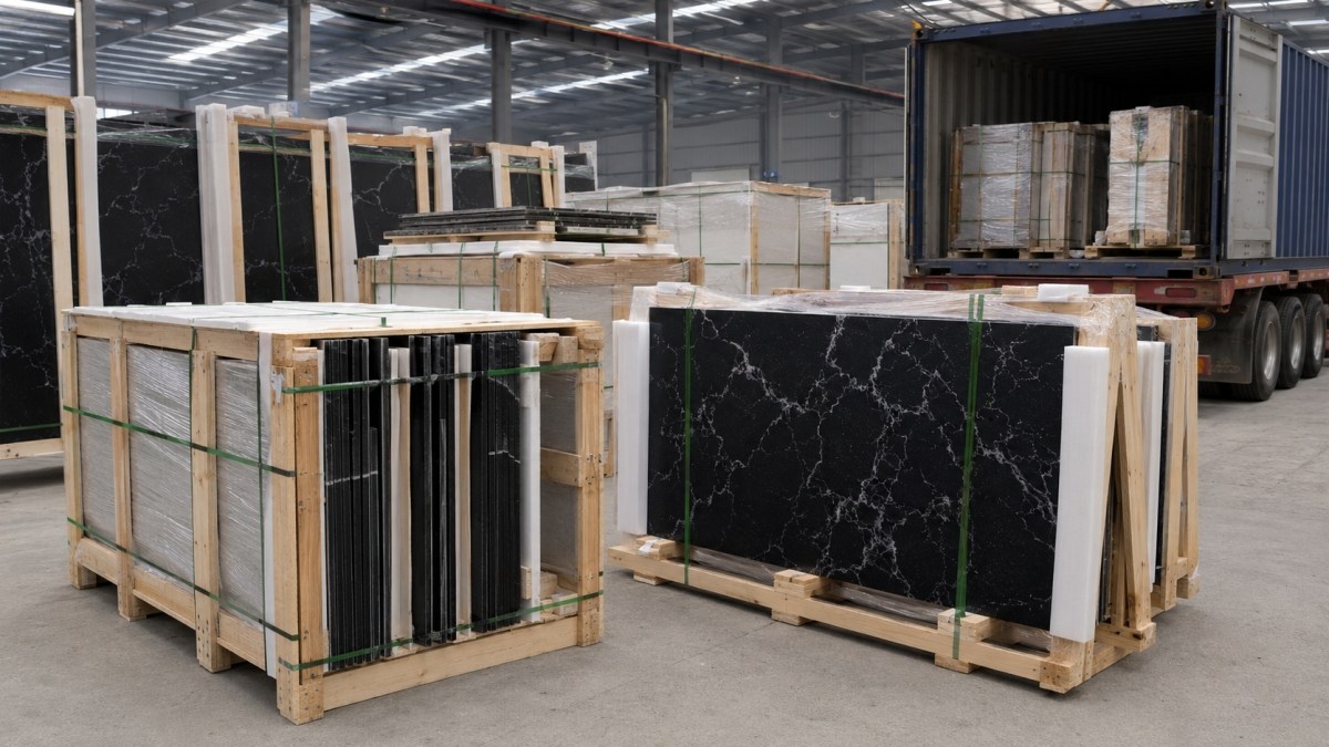 black-artificial-marble-slabs-export-packing-china Black artificial marble slabs export packing from China