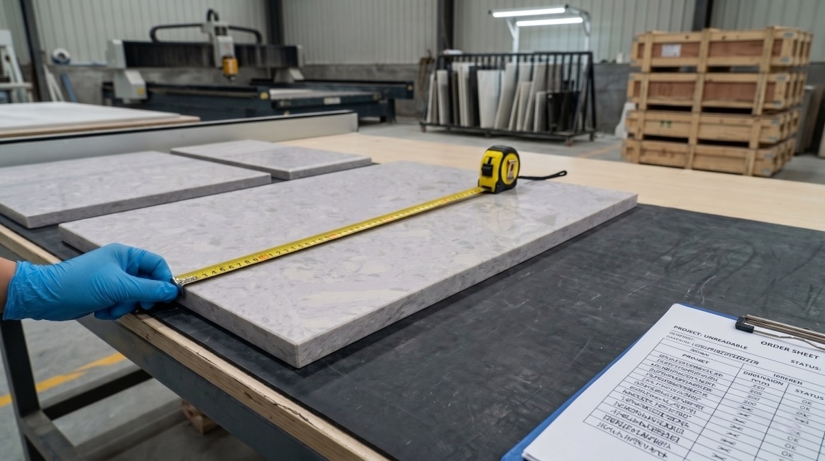 cut-to-size-london-grey-artificial-marble-panels Cut-to-size London Grey artificial marble panels in factory inspection
