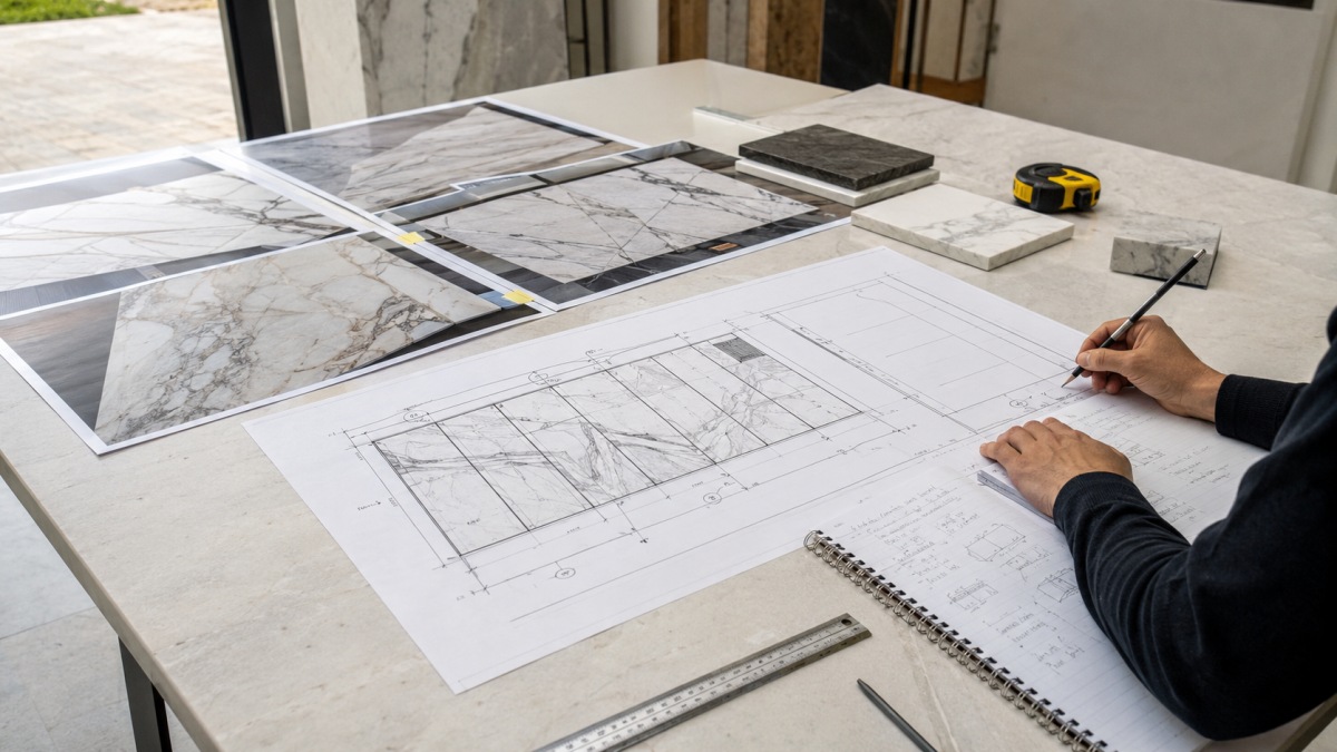 Marble slab photos reviewed with wall elevation drawings before fabrication