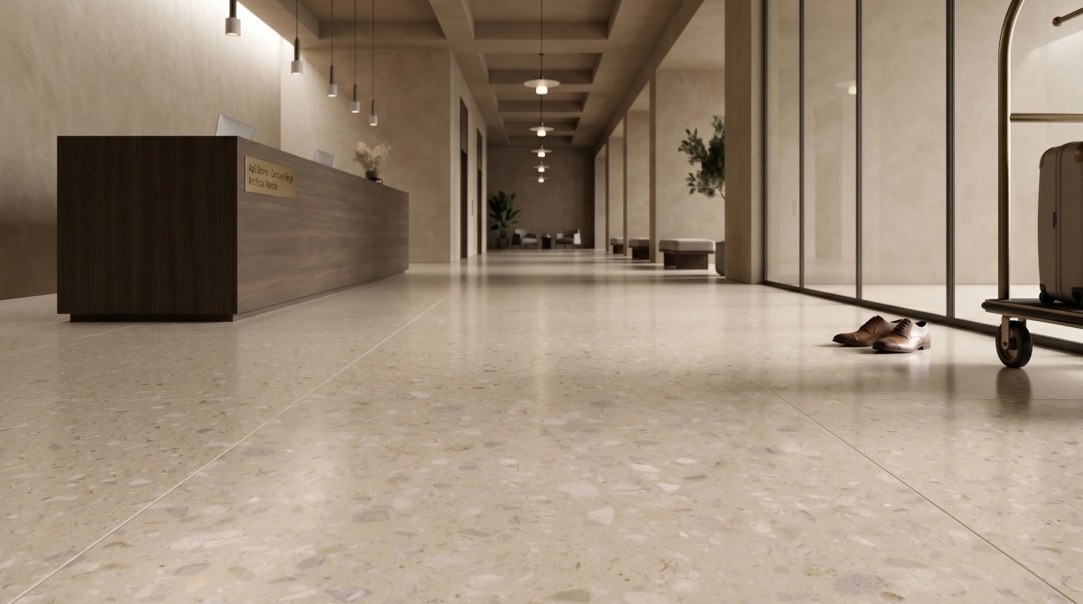 Century Beige artificial marble floor tile with warm beige base and fine stone particles