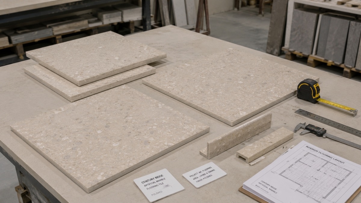 Artificial marble floor tiles with pale beige color and soft grey-white chips