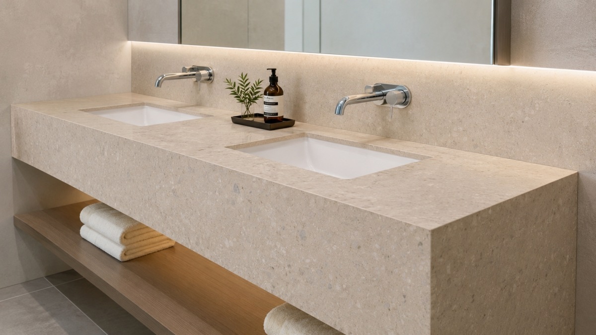 Warm beige artificial marble vanity top surface for project supply