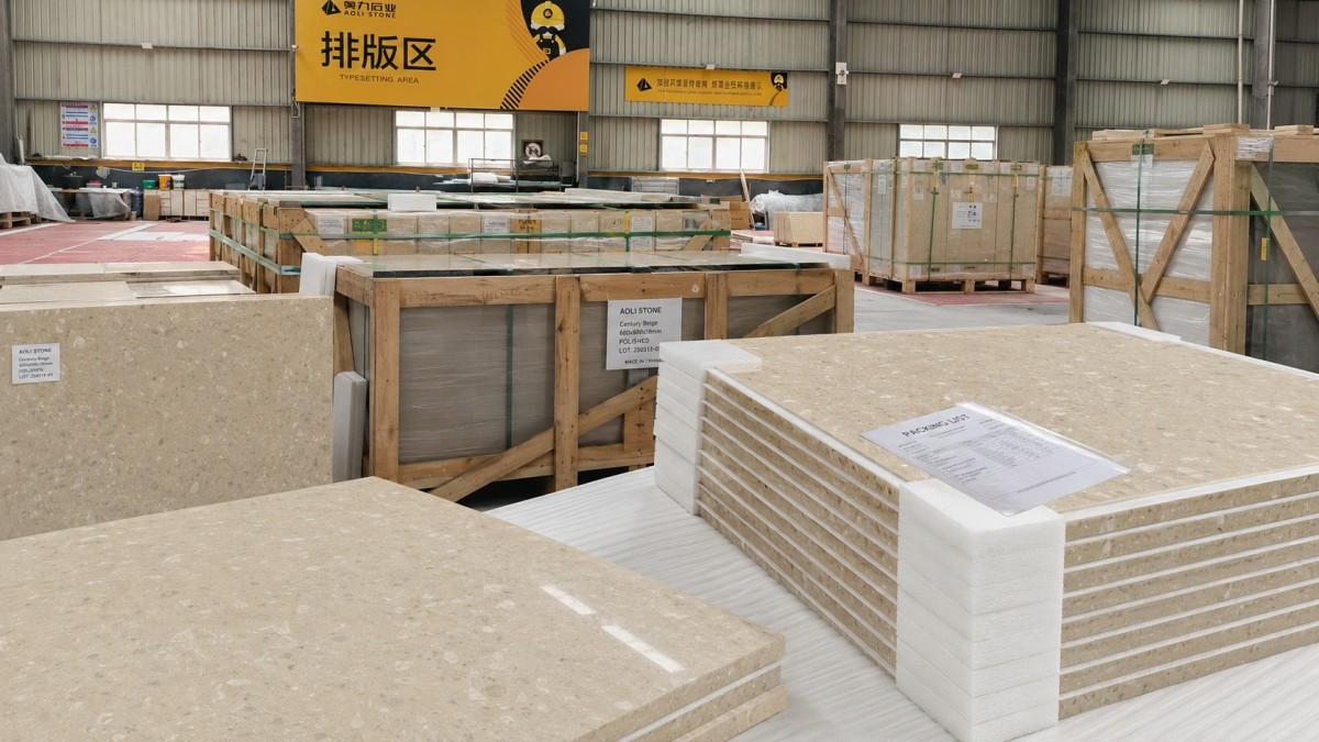 Export packed artificial marble floor tiles from Aoli Stone factory