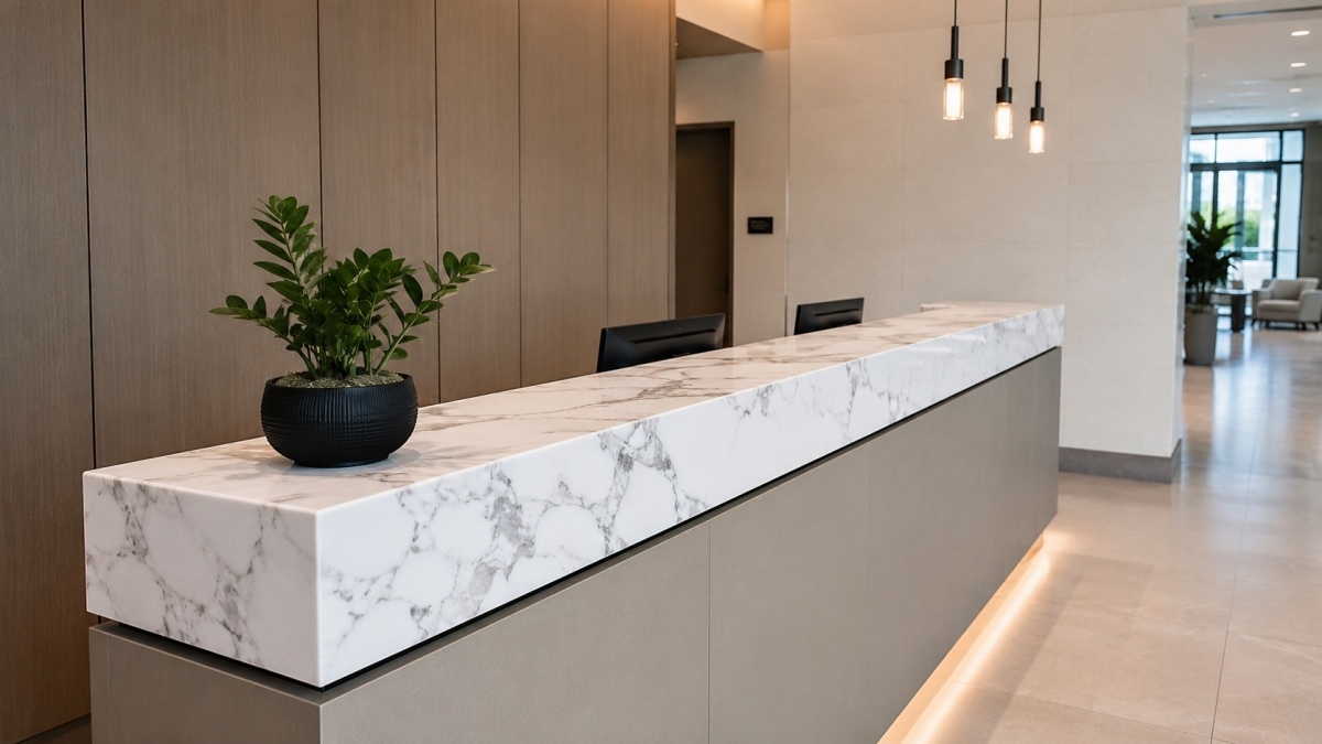 net-white-man-made-marble-countertop Net White man made marble reception countertop for interior project