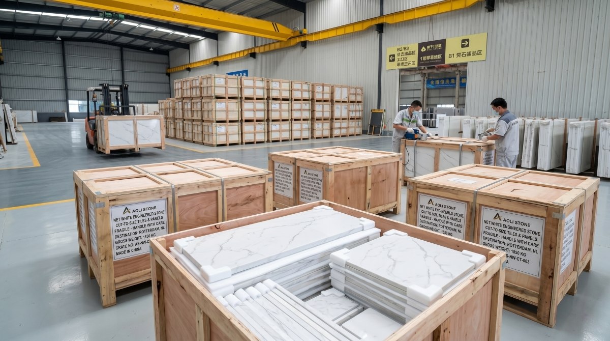 net-white-artificial-marble-export-packing Net White artificial marble slabs ready for export packing