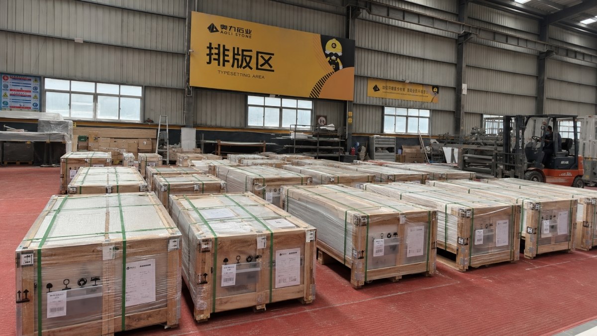 Cut-to-size stone pieces packed for export by project area
