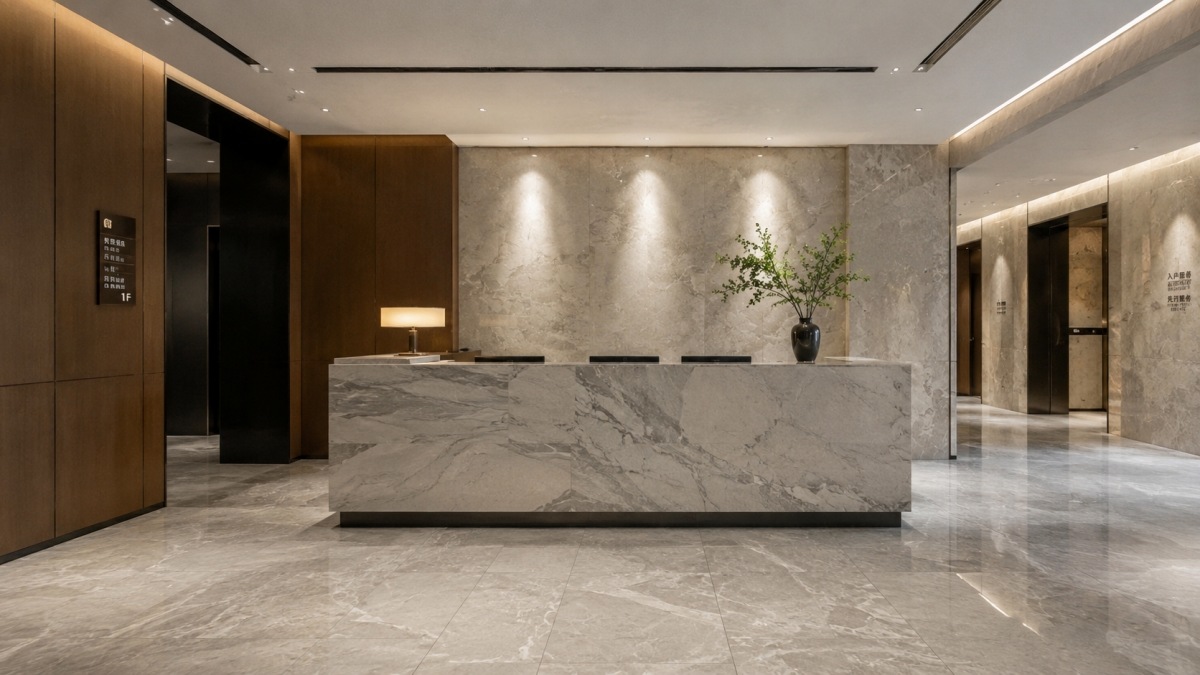 Completed commercial interior with cut-to-size stone flooring and wall elements