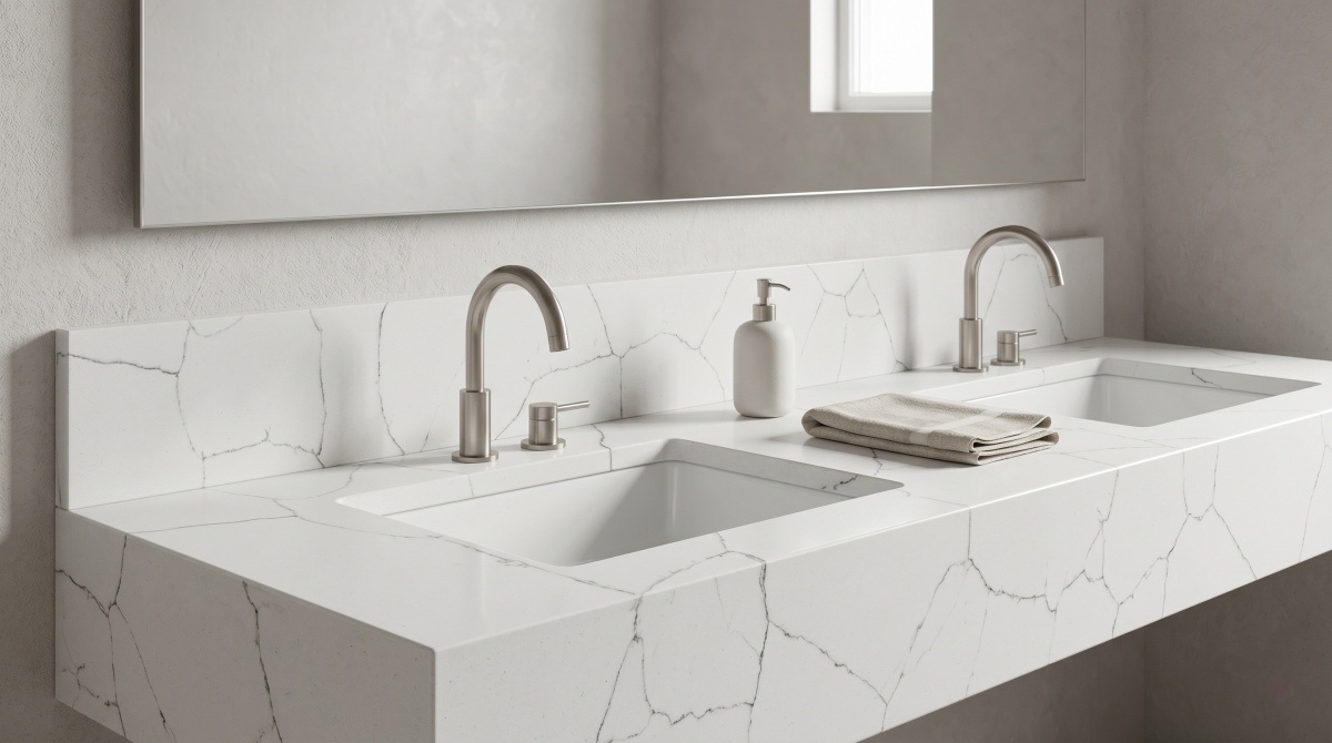 white-artificial-marble-vanity-top-grey-rift-vein White artificial marble vanity top with grey rift vein pattern