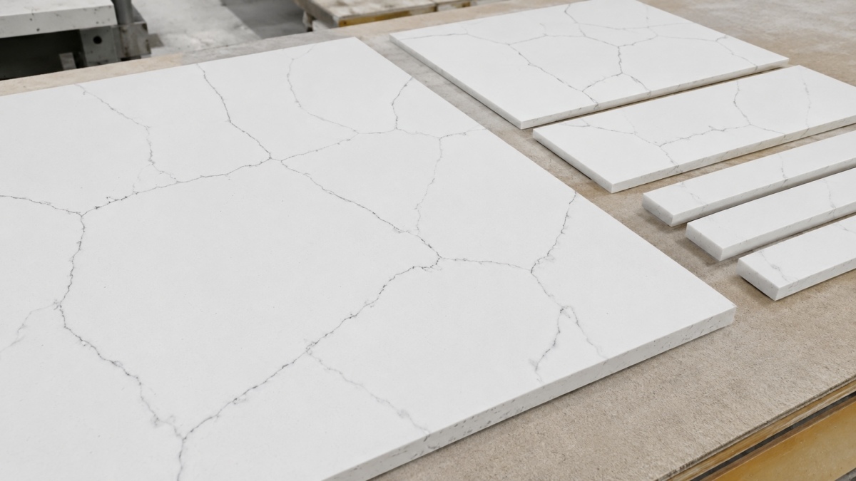 cut-to-size-white-artificial-marble-grey-veins Cut to size white artificial marble panels with grey vein details