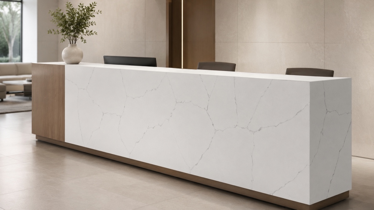 White artificial marble reception top with grey rift vein pattern White artificial marble reception top with grey rift vein pattern