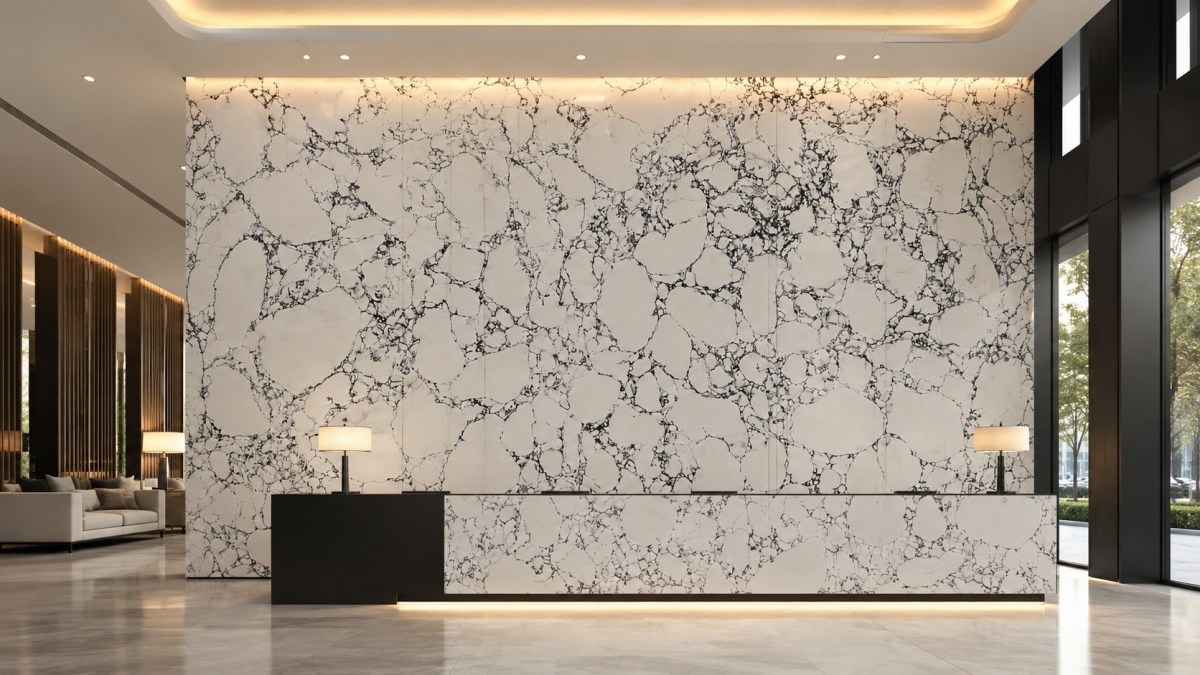 panda-white-artificial-marble-surface-detail Panda White artificial marble surface with dramatic grey and black veining